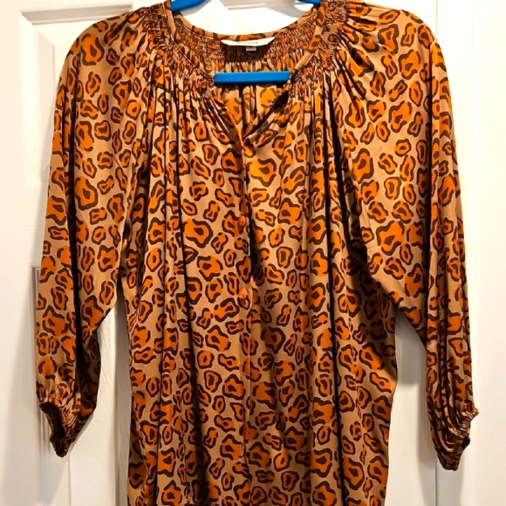 Tucker Brown and Black Smocked Cuffed Sleeve Blouse. Perfect.